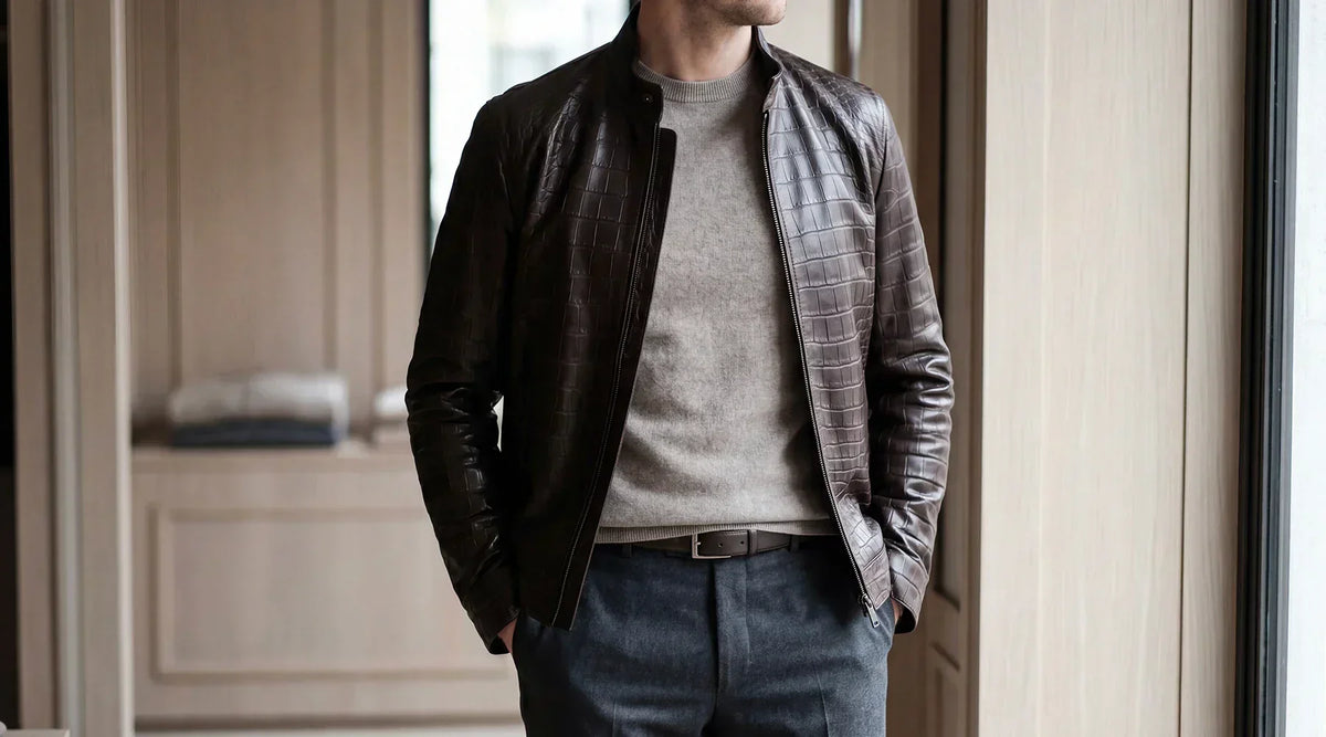 Quiet luxury leather jacket worn in refined urban setting Galbert Paris
