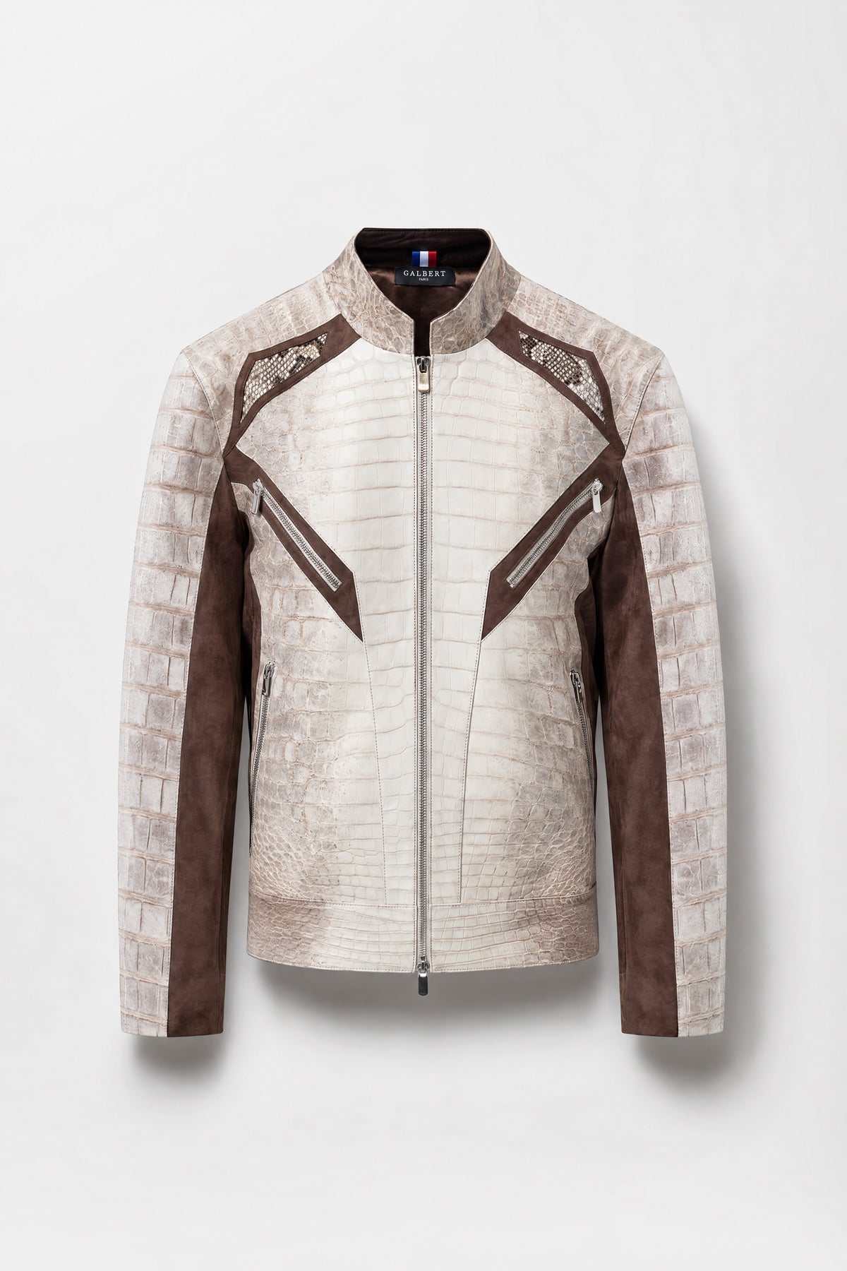 L'Urus - Blouson motard en crocodile Himalaya, daim et python