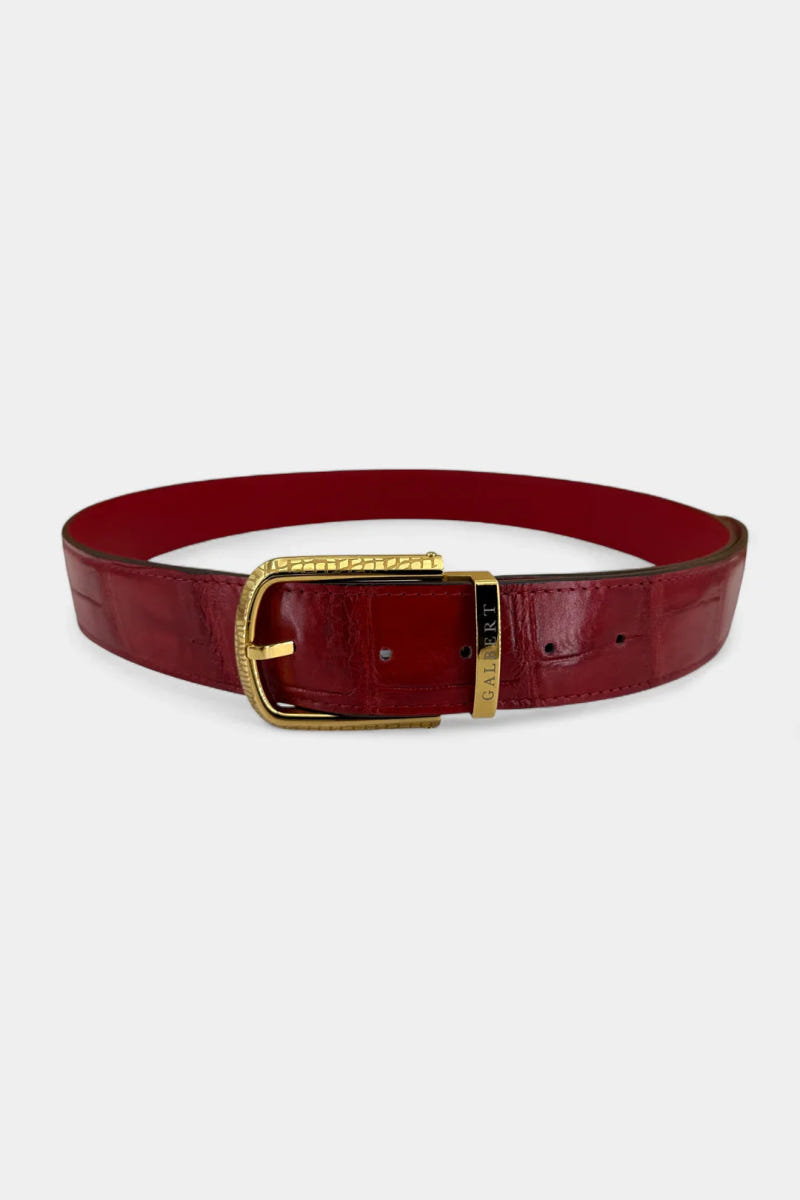 Red Crocodile Leather Belt and Galvanized Gold Buckle