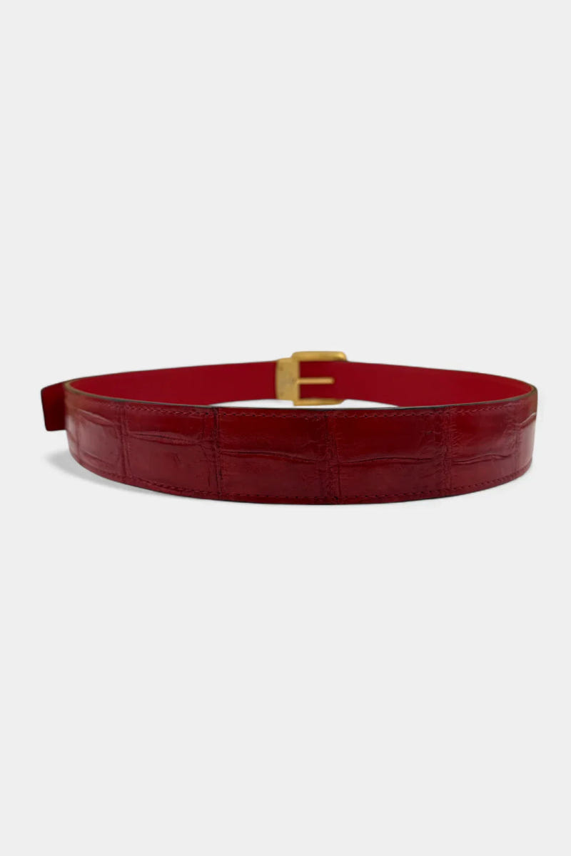 Red Crocodile Leather Belt and Galvanized Gold Buckle - view 2