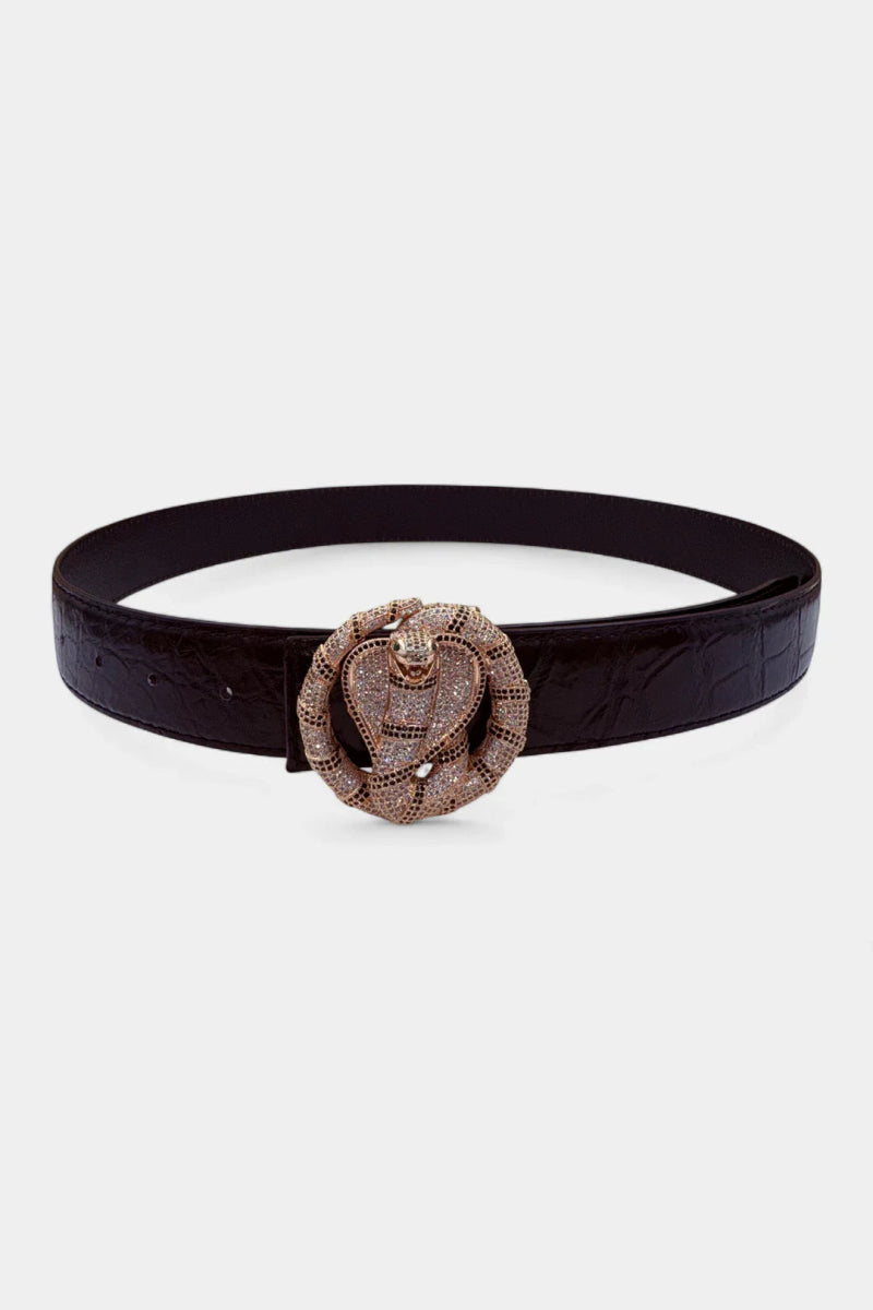 Ceinture en Cuir de Crocodile Noir et Boucle Cobra Or Rose - Galbert Paris