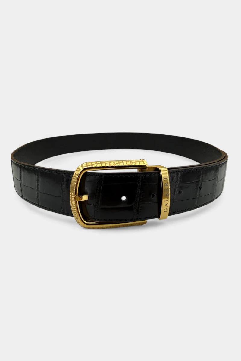 Black Crocodile Leather Belt and Galvanized Gold Buckle
