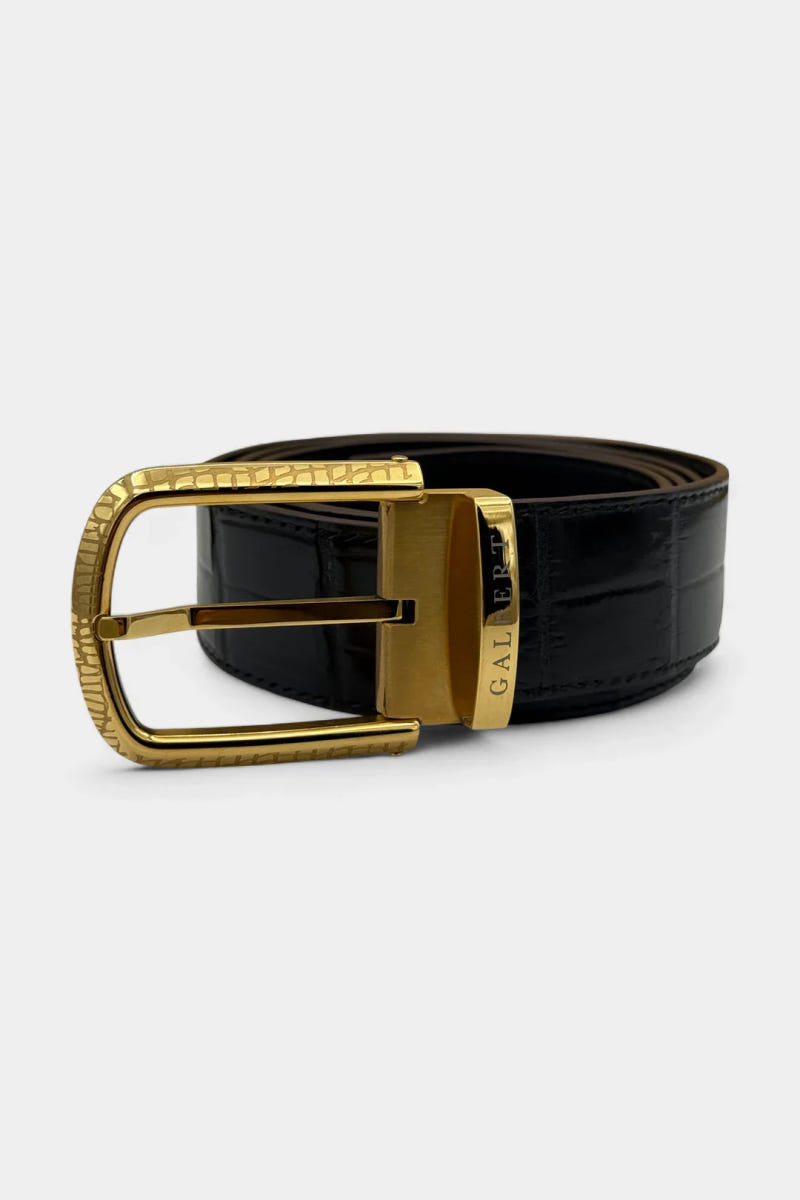 Black Crocodile Leather Belt and Galvanized Gold Buckle - view 4