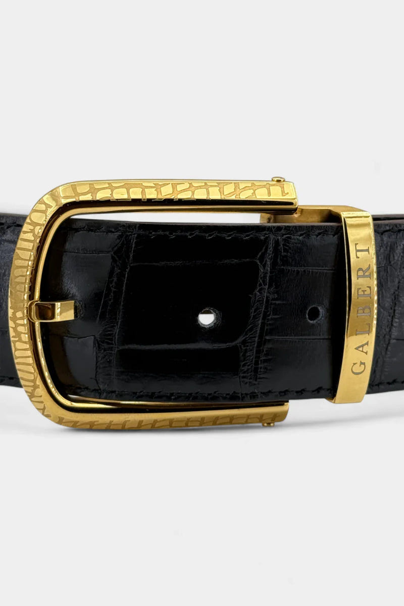 Black Crocodile Leather Belt and Galvanized Gold Buckle - view 3