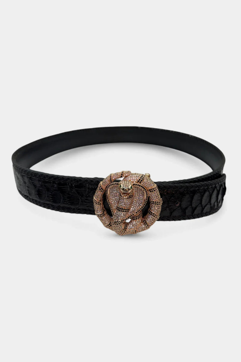 Ceinture en Cuir de Python et Boucle Tête de Cobra Or Rose - Galbert Paris