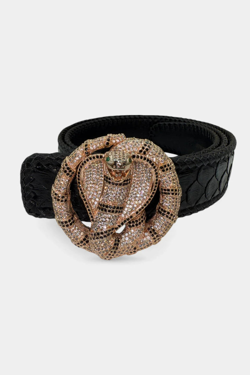 Ceinture en Cuir de Python et Boucle Tête de Cobra Or Rose - Galbert Paris