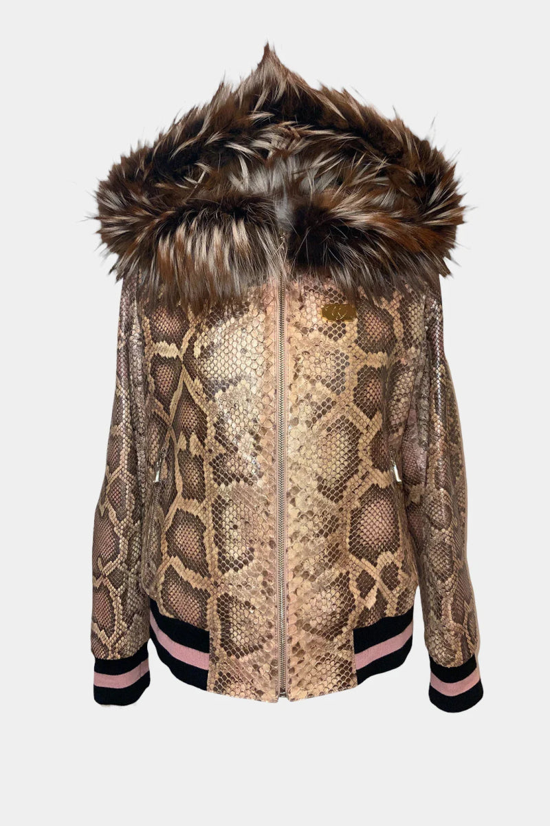 La Veste Boréale - Veste à Capuche Zippé en Python Rose et Fourrure de Renard - Galbert Paris