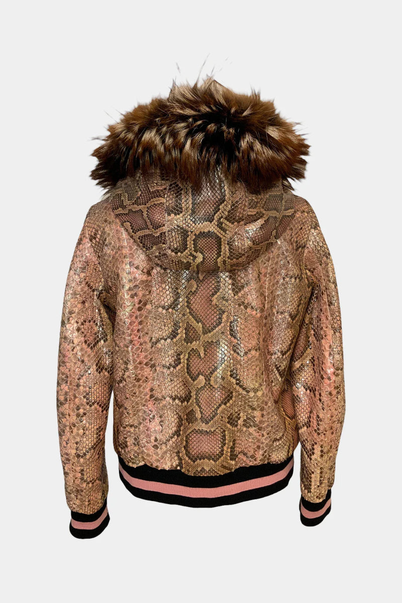 La Veste Boréale - Veste à Capuche Zippé en Python Rose et Fourrure de Renard - Galbert Paris