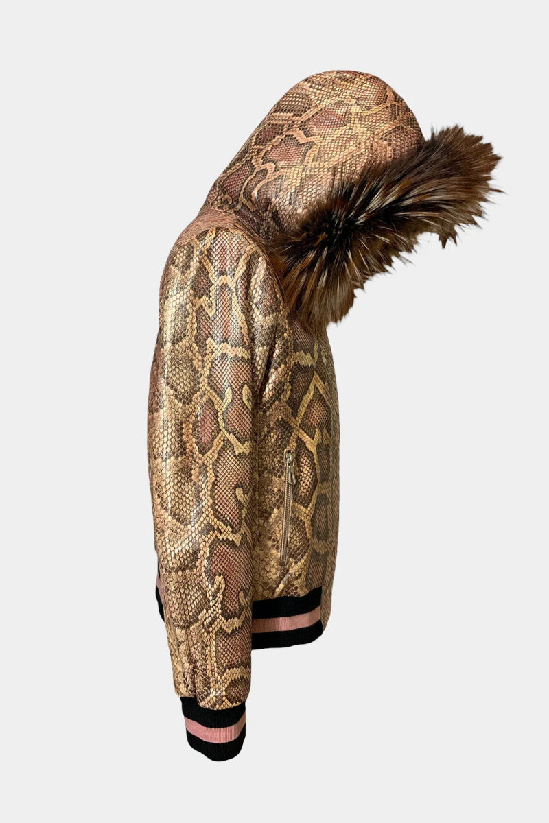 La Veste Boréale - Veste à Capuche Zippé en Python Rose et Fourrure de Renard - Galbert Paris