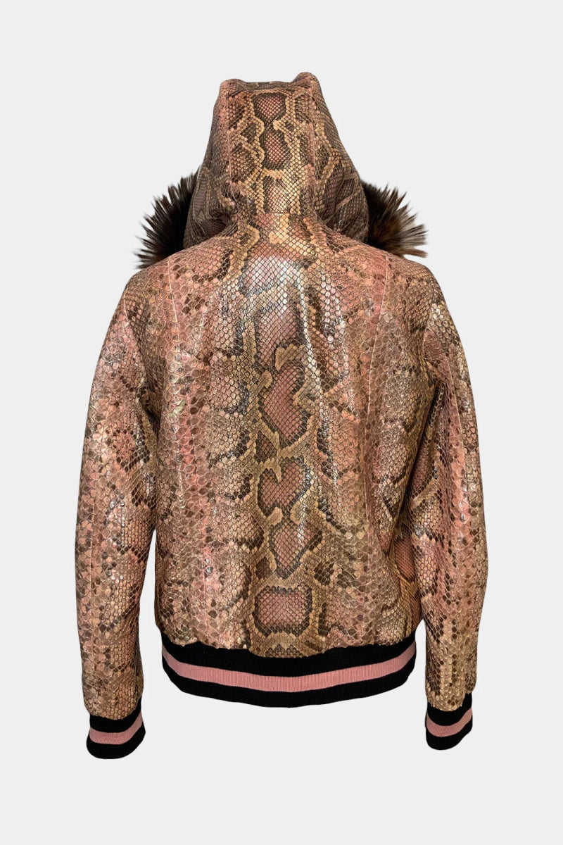 La Veste Boréale - Veste à Capuche Zippé en Python Rose et Fourrure de Renard - Galbert Paris
