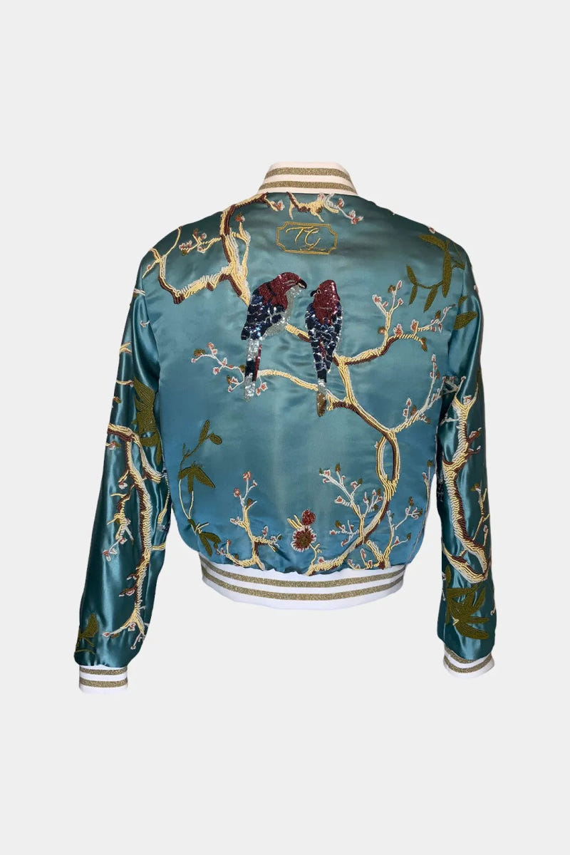 The Volière - Blue Jacquard Bomber Jacket with Bird Embroidery - view 2