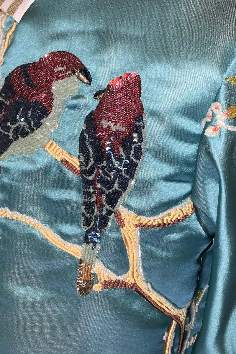 The Volière - Blue Jacquard Bomber Jacket with Bird Embroidery - view 6