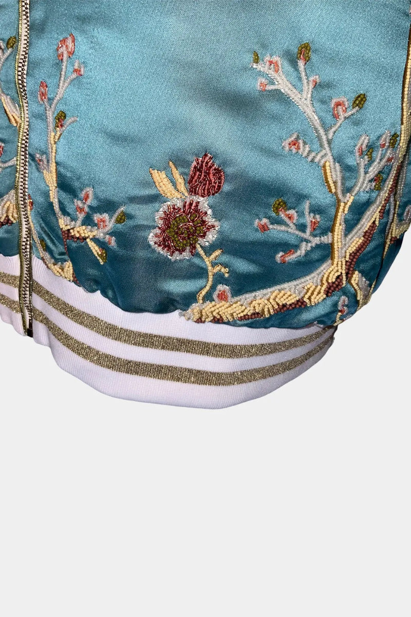 La Volière - Bomber en Tissu Jacquard Bleu Tiffany Brodé Oiseaux - Galbert Paris