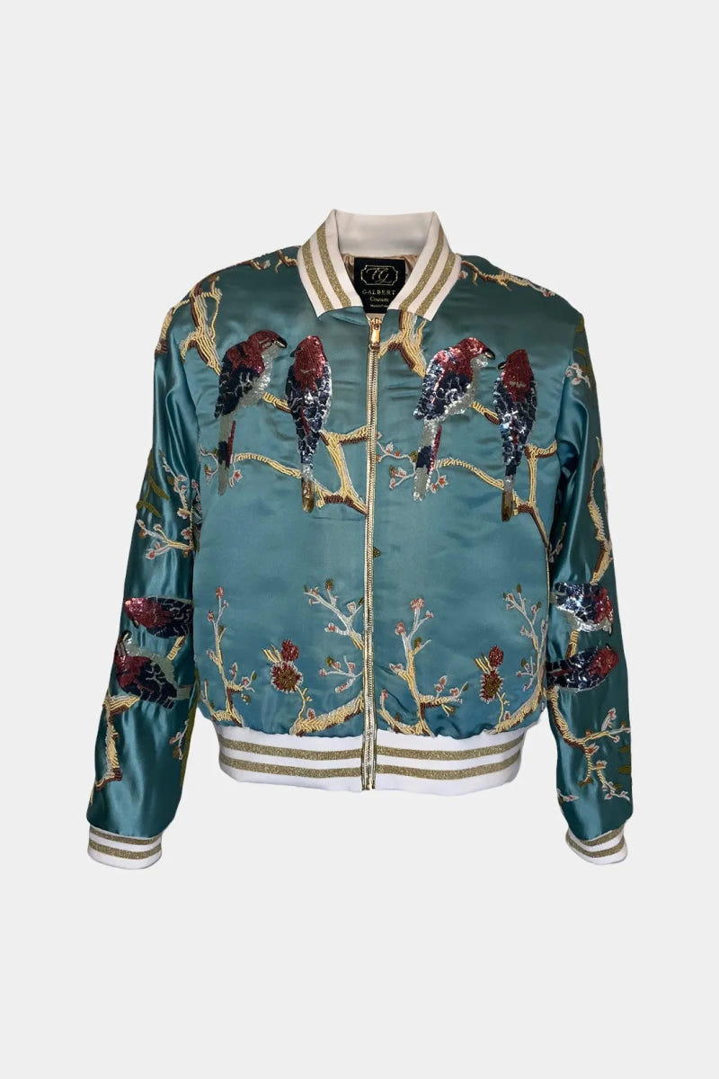 The Volière - Blue Jacquard Bomber Jacket with Bird Embroidery
