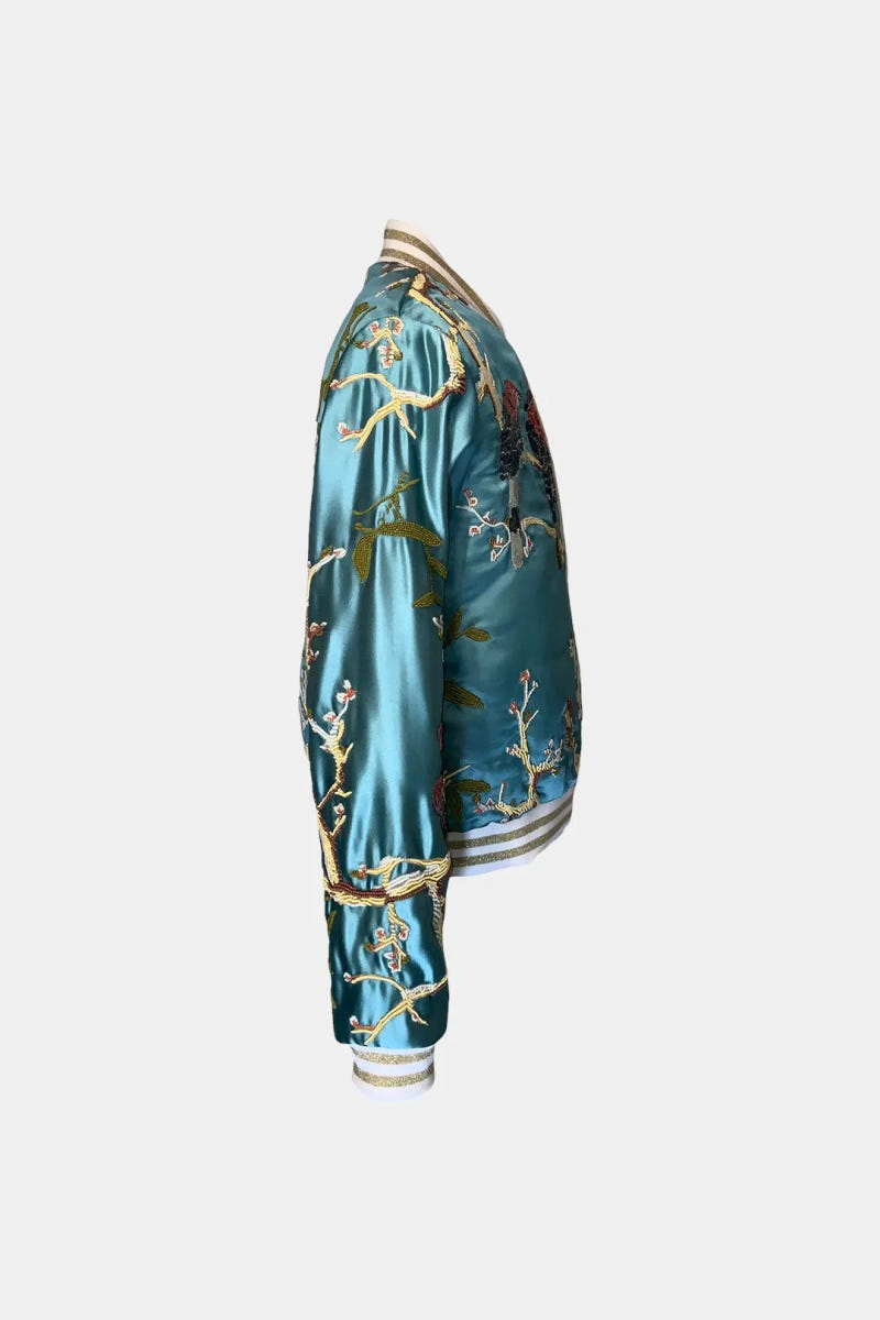 The Volière - Blue Jacquard Bomber Jacket with Bird Embroidery - view 3