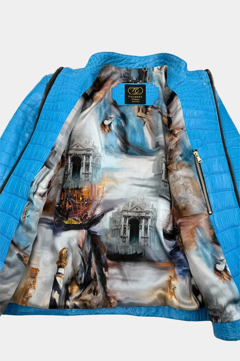 L'Adriatique - Veste Moto en Cuir de Crocodile Bleu Miami - Galbert Paris