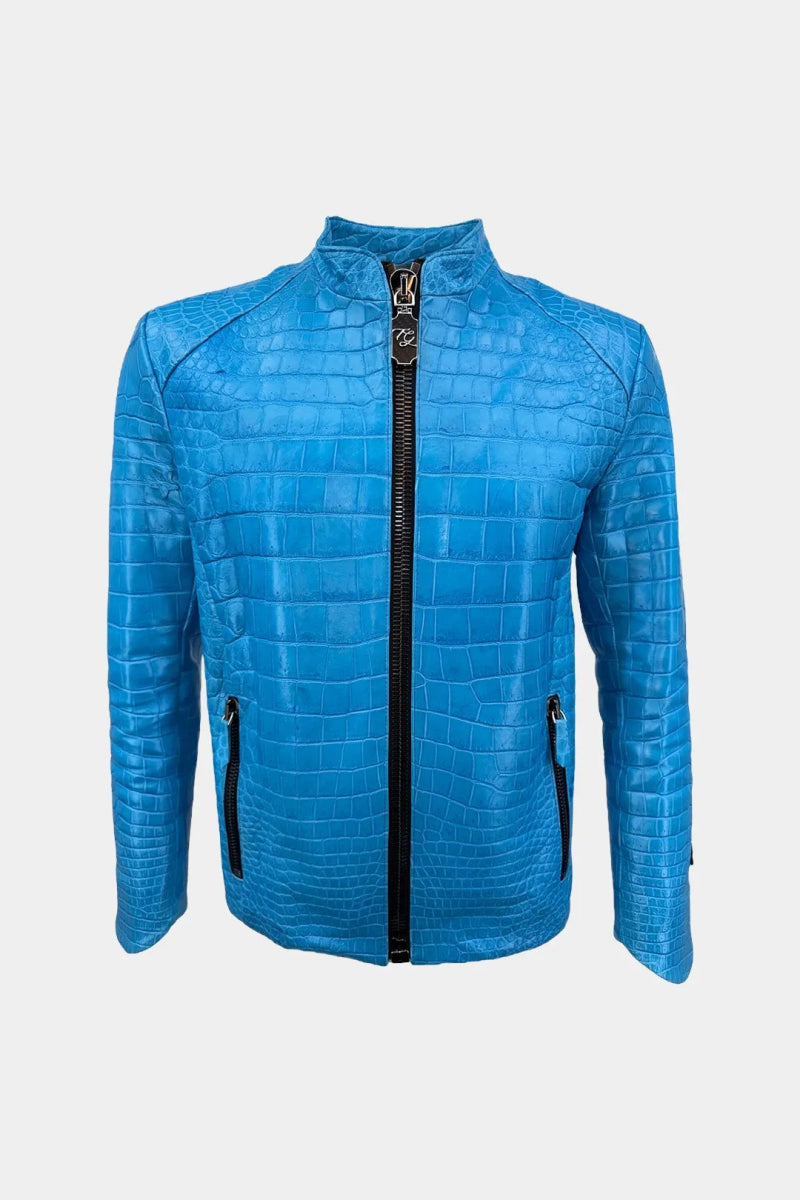 L'Adriatique - Veste Moto en Cuir de Crocodile Bleu Miami - Galbert Paris