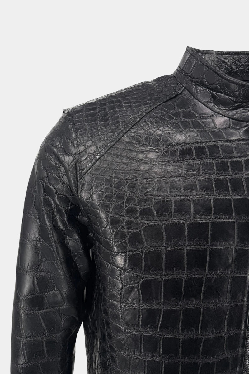 L'Asphalte - Black Crocodile Leather Biker Jacket - view 7