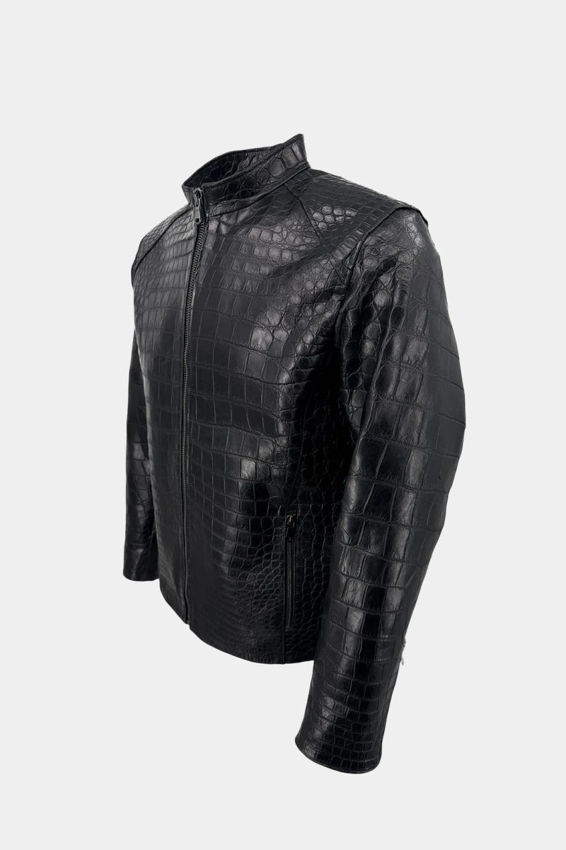 L'Asphalte - Black Crocodile Leather Biker Jacket - view 3