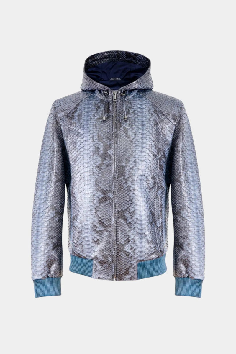 The Azure - Blue Python Leather Zip-Up Hooded Jacket