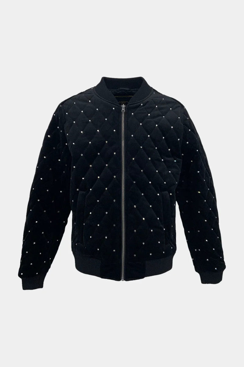 The Firmament - Quilted Black Velvet Bomber Jacket with Crystals