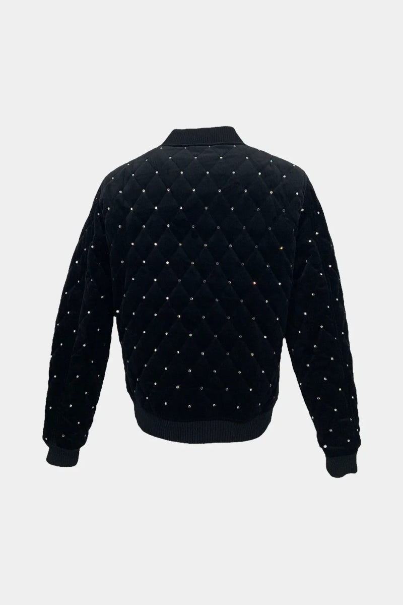 The Firmament - Quilted Black Velvet Bomber Jacket with Crystals - view 2