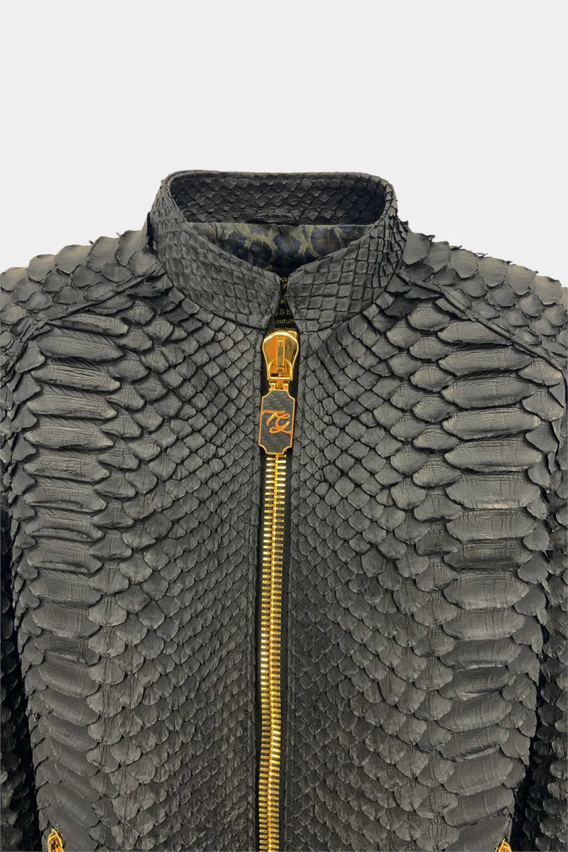 The Monolith - Matte Black Giant Python Leather Biker Jacket - view 5
