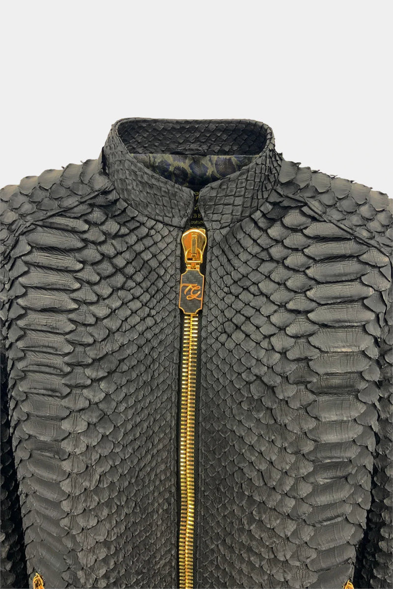 Le Monolithe - Veste Moto en Cuir de Python Géant Noir Mat - Galbert Paris