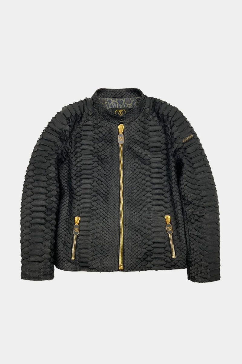 The Monolith - Matte Black Giant Python Leather Biker Jacket - view 4