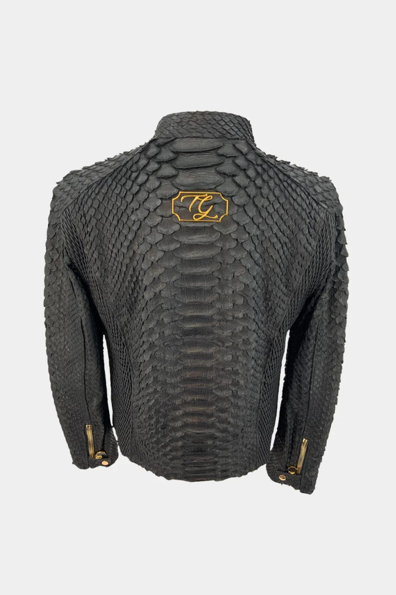 The Monolith - Matte Black Giant Python Leather Biker Jacket - view 2