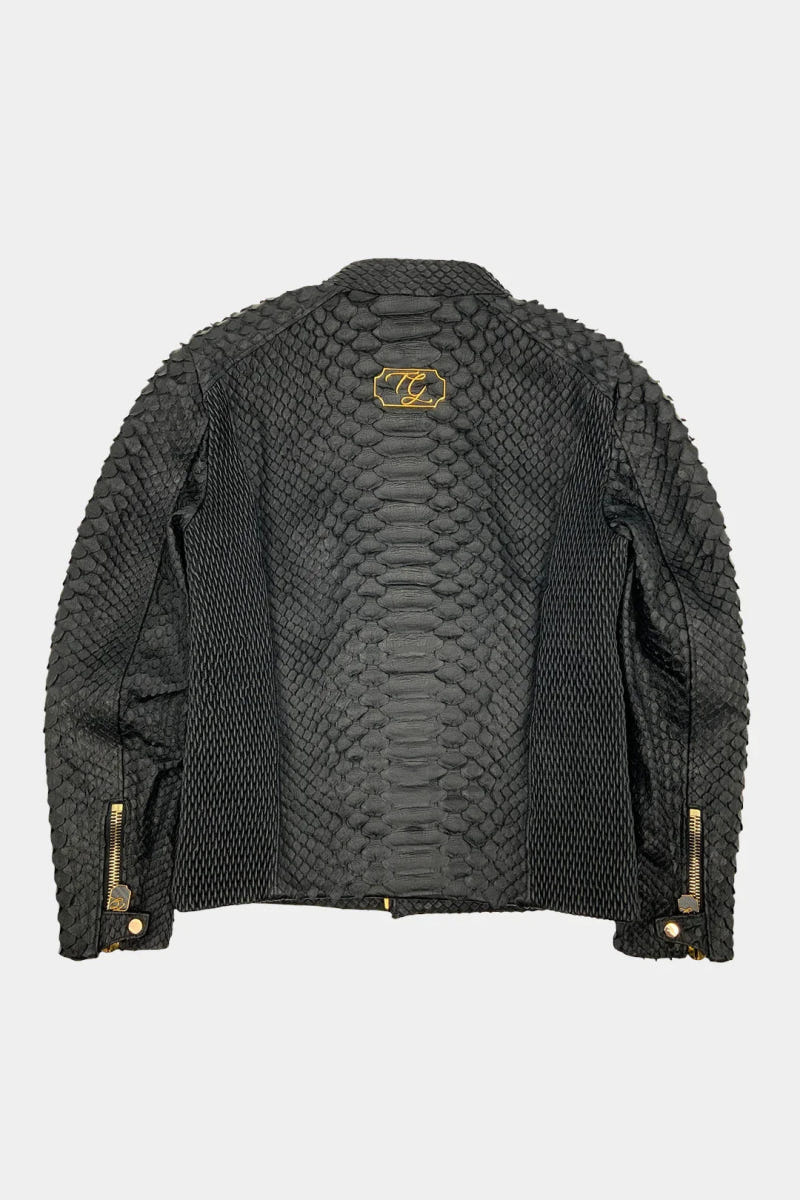 The Monolith - Matte Black Giant Python Leather Biker Jacket - view 3