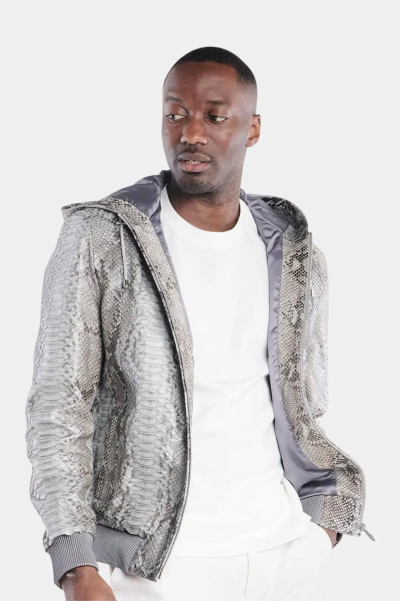 The Nomade - Natural Python Leather Zip-Up Hooded Jacket - view 4