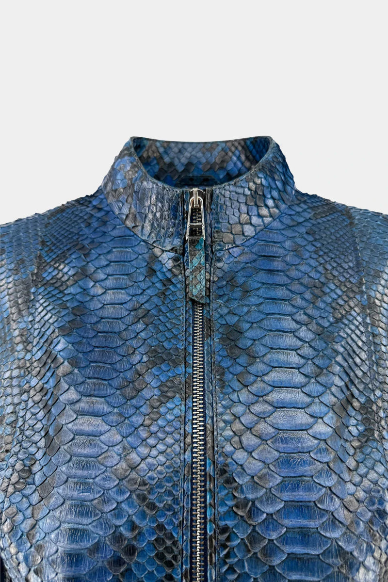 Le Ophidien - Veste Moto en Cuir de Python Bleu - Galbert Paris