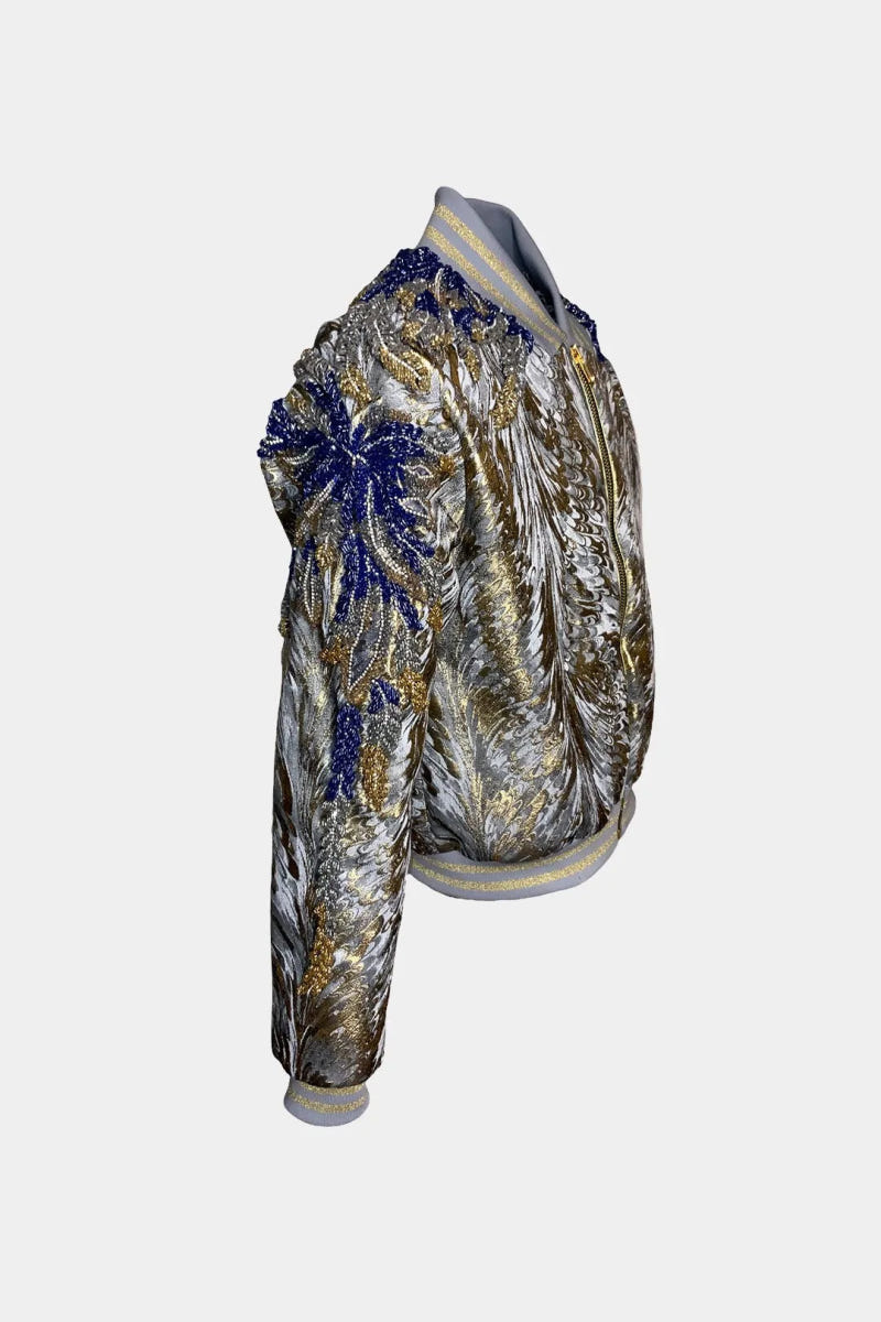 The Phoenix - Embroidered Jacquard Fabric Bomber Jacket with Phoenix Motif - view 3