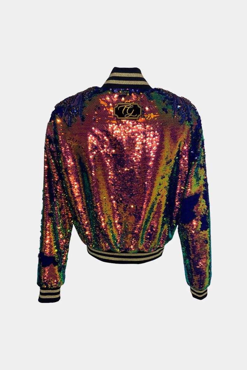 The Prism - Hand-Embroidered Iridescent Sequin Bomber Jacket - view 2