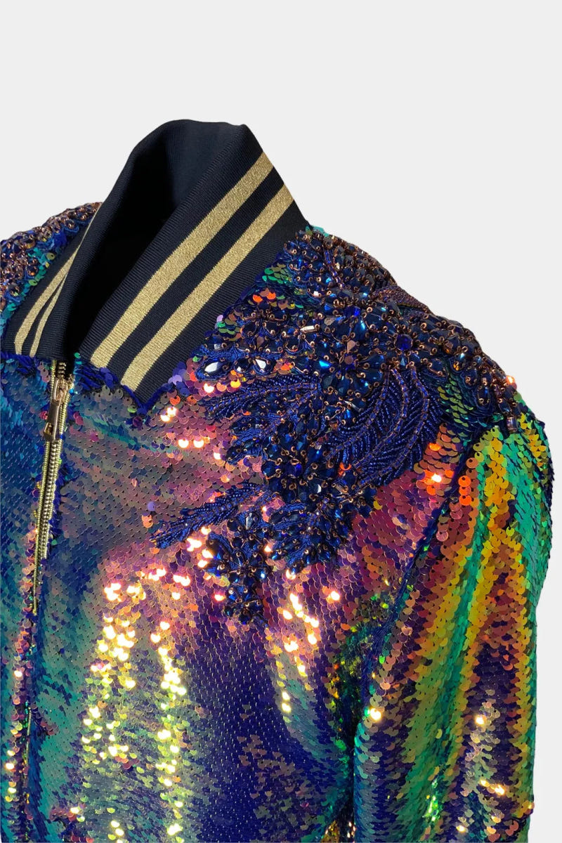 The Prism - Hand-Embroidered Iridescent Sequin Bomber Jacket - view 4
