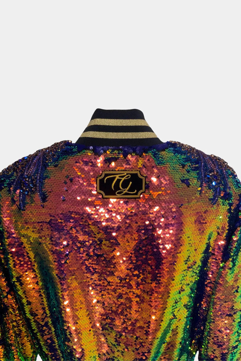 The Prism - Hand-Embroidered Iridescent Sequin Bomber Jacket - view 3
