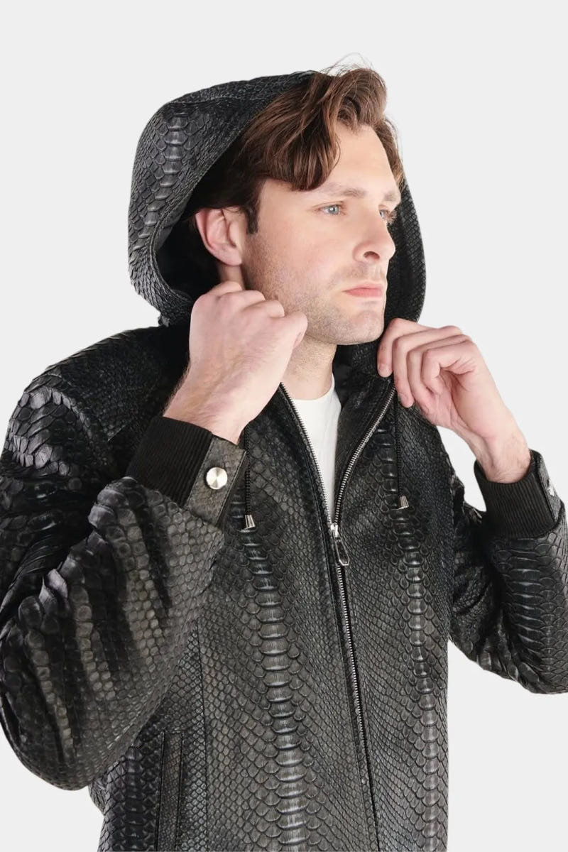 The Silencieux - Nubuck Python Leather Zip-Up Hooded Jacket - view 4