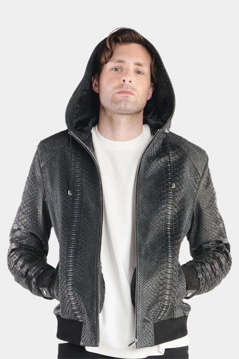 The Silencieux - Nubuck Python Leather Zip-Up Hooded Jacket - view 3