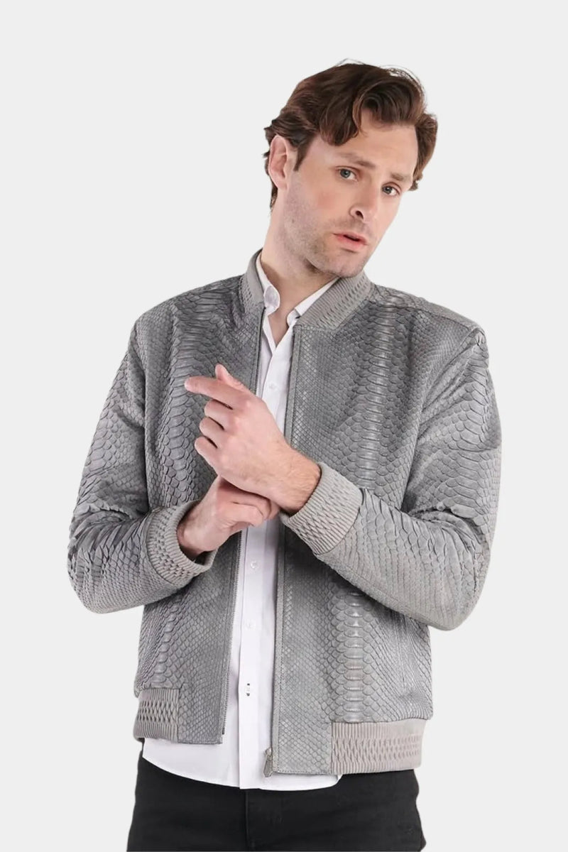 Le Stratosphère - Bomber Homme en Cuir de Python Nubuck Gris - Galbert Paris