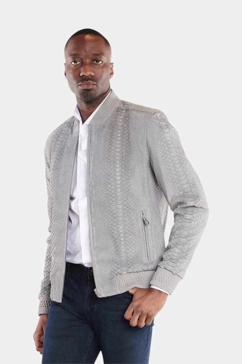 The Stratosphere, Herren-Bomberjacke aus grauem Python-Nubukleder - Ansicht 4