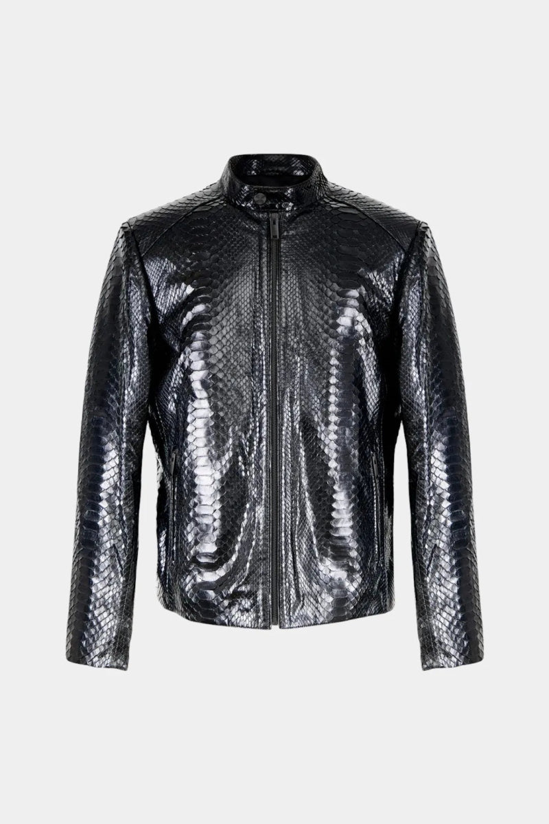 Le Ténébreux - Veste Moto Homme en Cuir de Python Noir Brillant - Galbert Paris