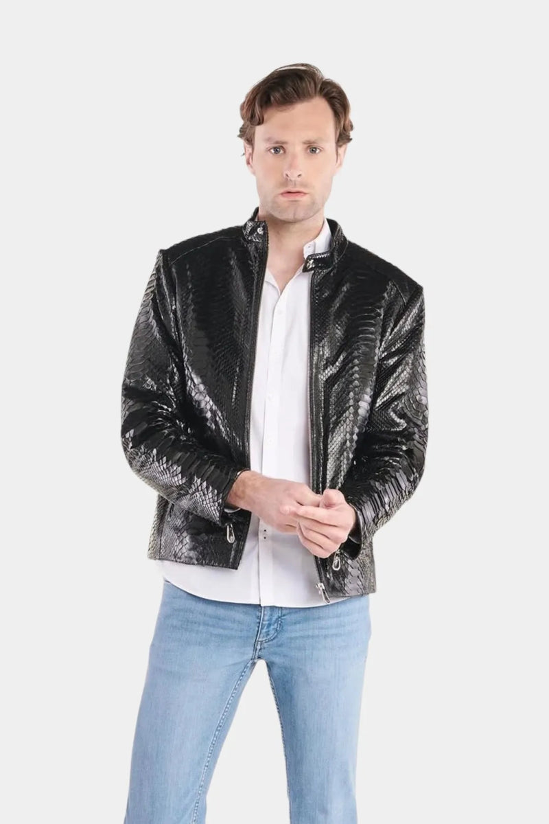 Le Ténébreux - Veste Moto Homme en Cuir de Python Noir Brillant - Galbert Paris