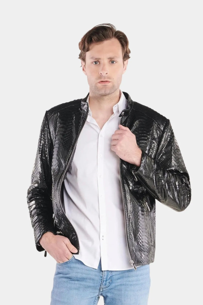 Le Ténébreux - Veste Moto Homme en Cuir de Python Noir Brillant - Galbert Paris