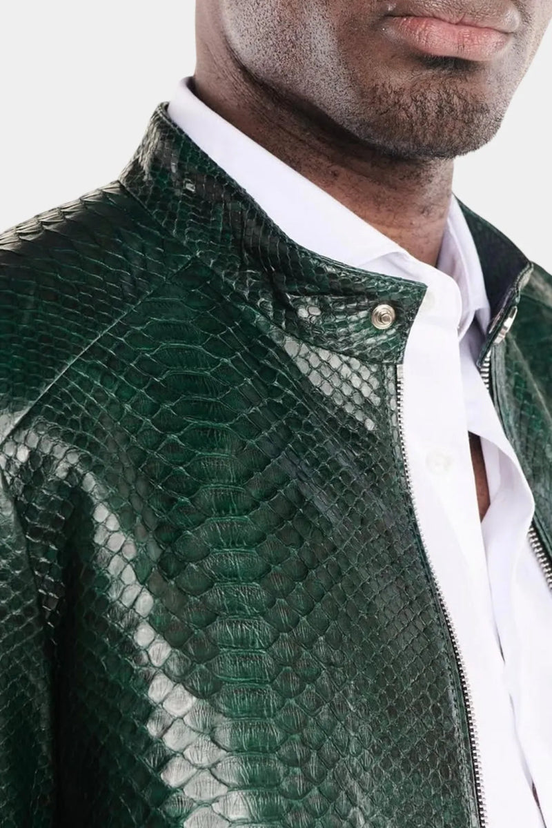 L'Émeraude - Veste Moto Homme en Cuir de Python Vert Brillant - Galbert Paris