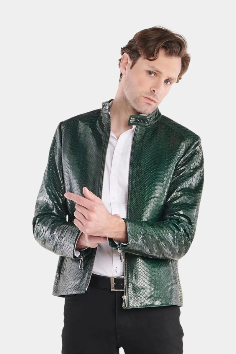 L'Émeraude - Veste Moto Homme en Cuir de Python Vert Brillant - Galbert Paris