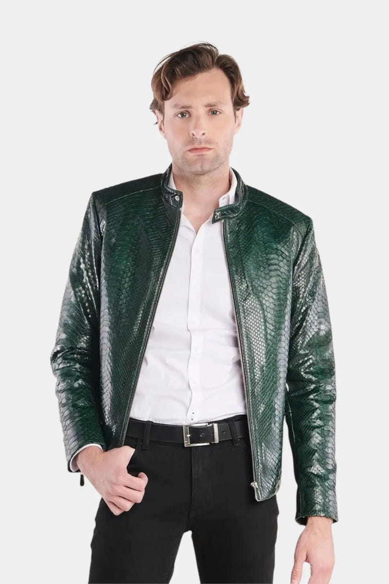 The Emerald - Glossy Green Python Leather Biker Jacket - view 5