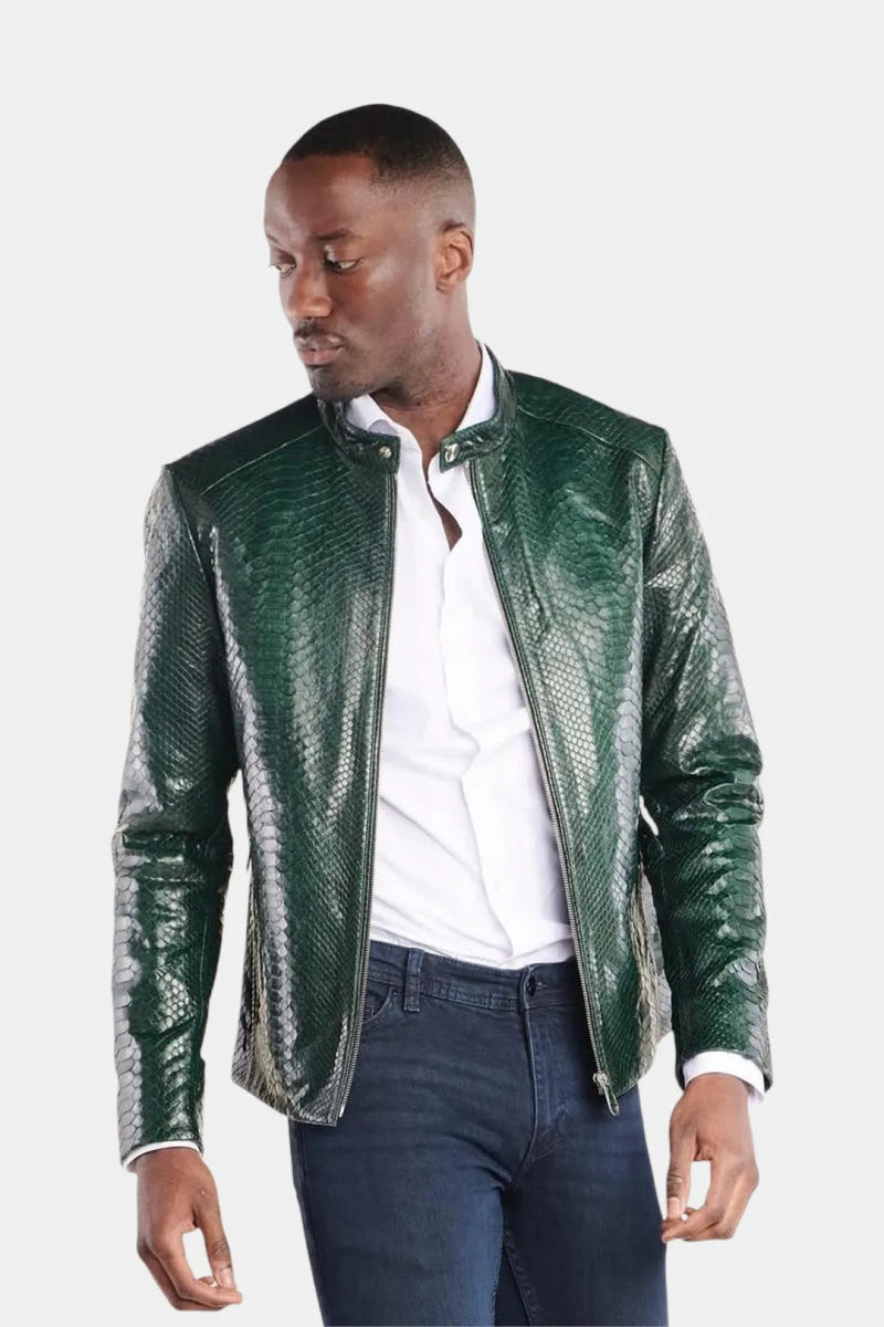The Emerald - Glossy Green Python Leather Biker Jacket - view 3