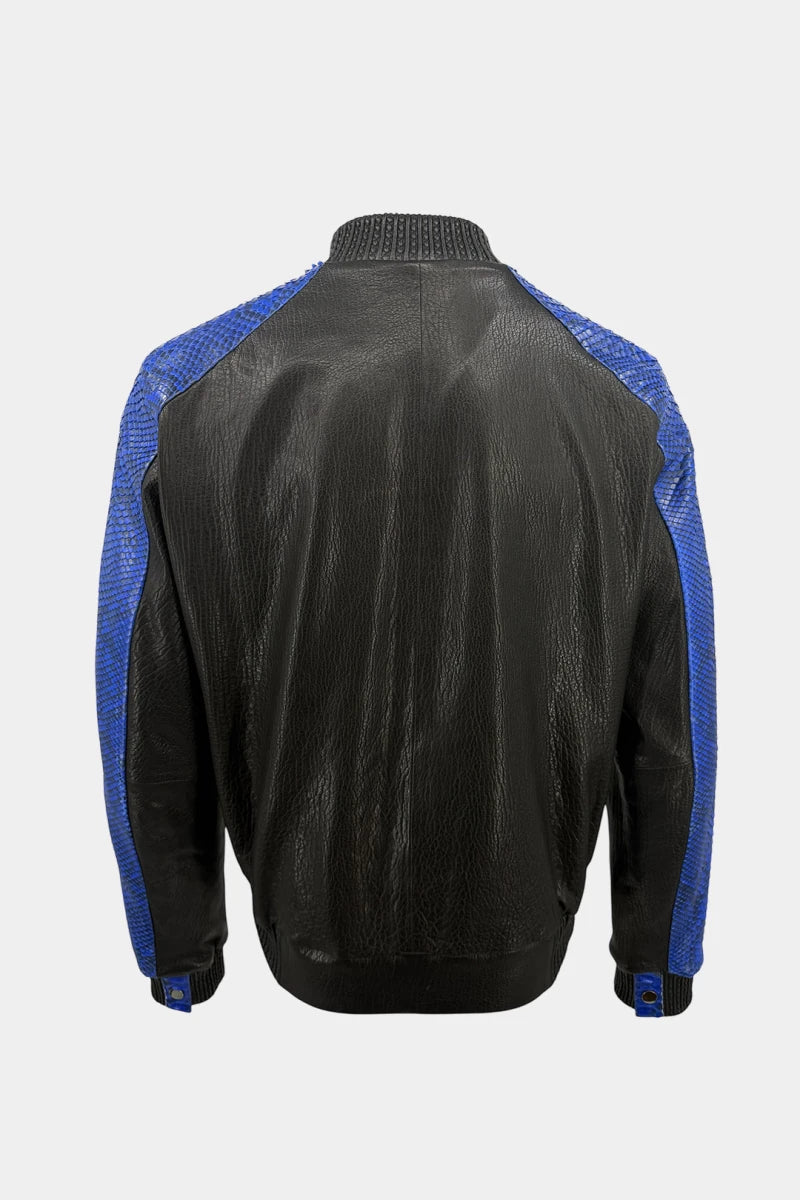 The Harmonic - Bomber Jacket in Blue Python Leather and Black Lambskin - view 2