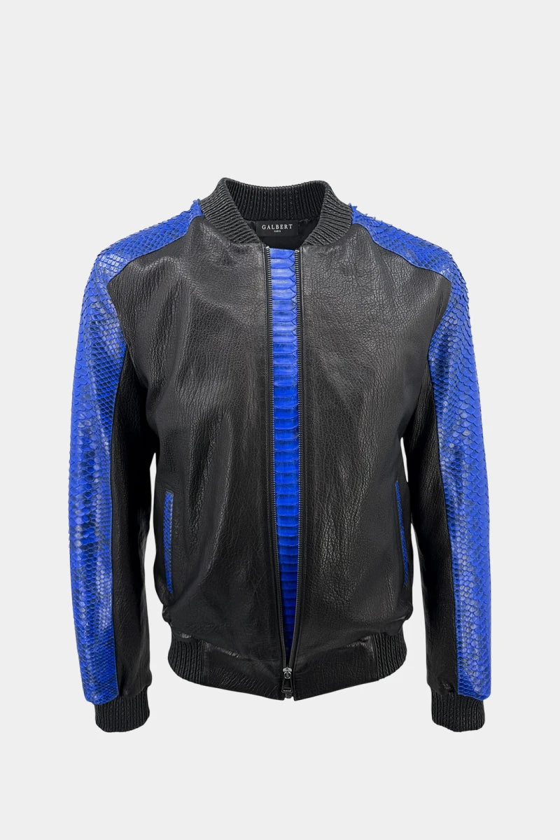 The Harmonic - Bomber Jacket in Blue Python Leather and Black Lambskin - view 4